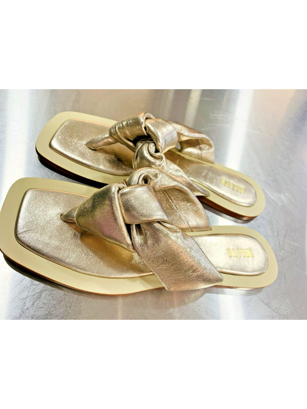 NEW ANTHROPOLOGIE Maeve Leather Puffy Knotted Sandals, Gold Metallic Leather 8 - Picture 8 of 10